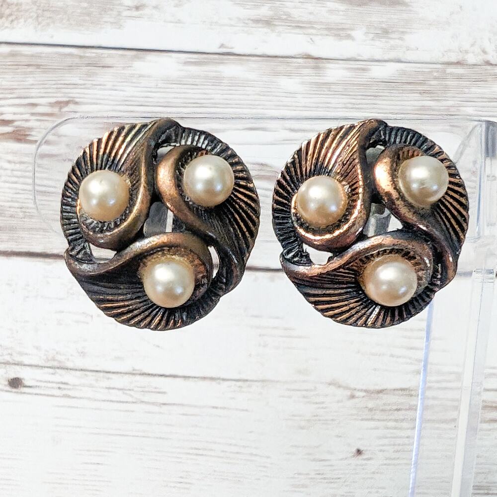 Vintage Clip On Earrings - Copper Tone & Three Faux Pearls